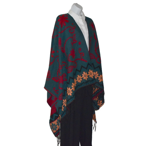 B0 NWT MOSS ROSE Teal Flower Knit Fringed Square Poncho Cape Wrap Shawl Size O/S - Picture 3 of 6